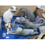 Four Moorside Design Pottery Cats and Saddle back pig, a stretched cat, 31cm long. (6)