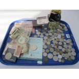 Banknotes: two five pound coins, World of British Coinage, purses:- One Tray