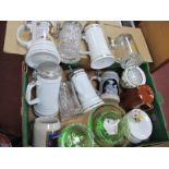 A Collection of Beer Steins, all with pewter lids, green glass bowls, etc:- One Box