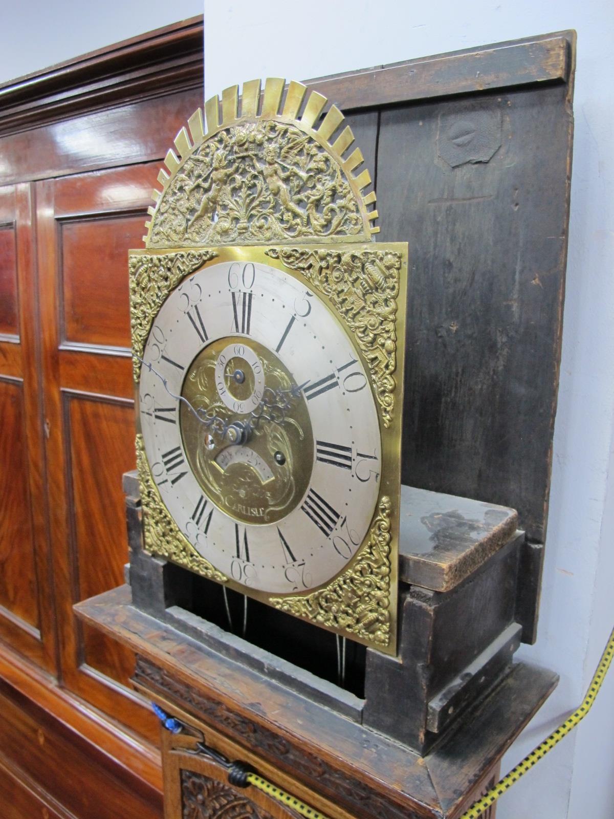 An XVIII Century and Later Carved Oak Eight-Day Longcase Clock, the hood with swan neck pediment and - Image 8 of 9