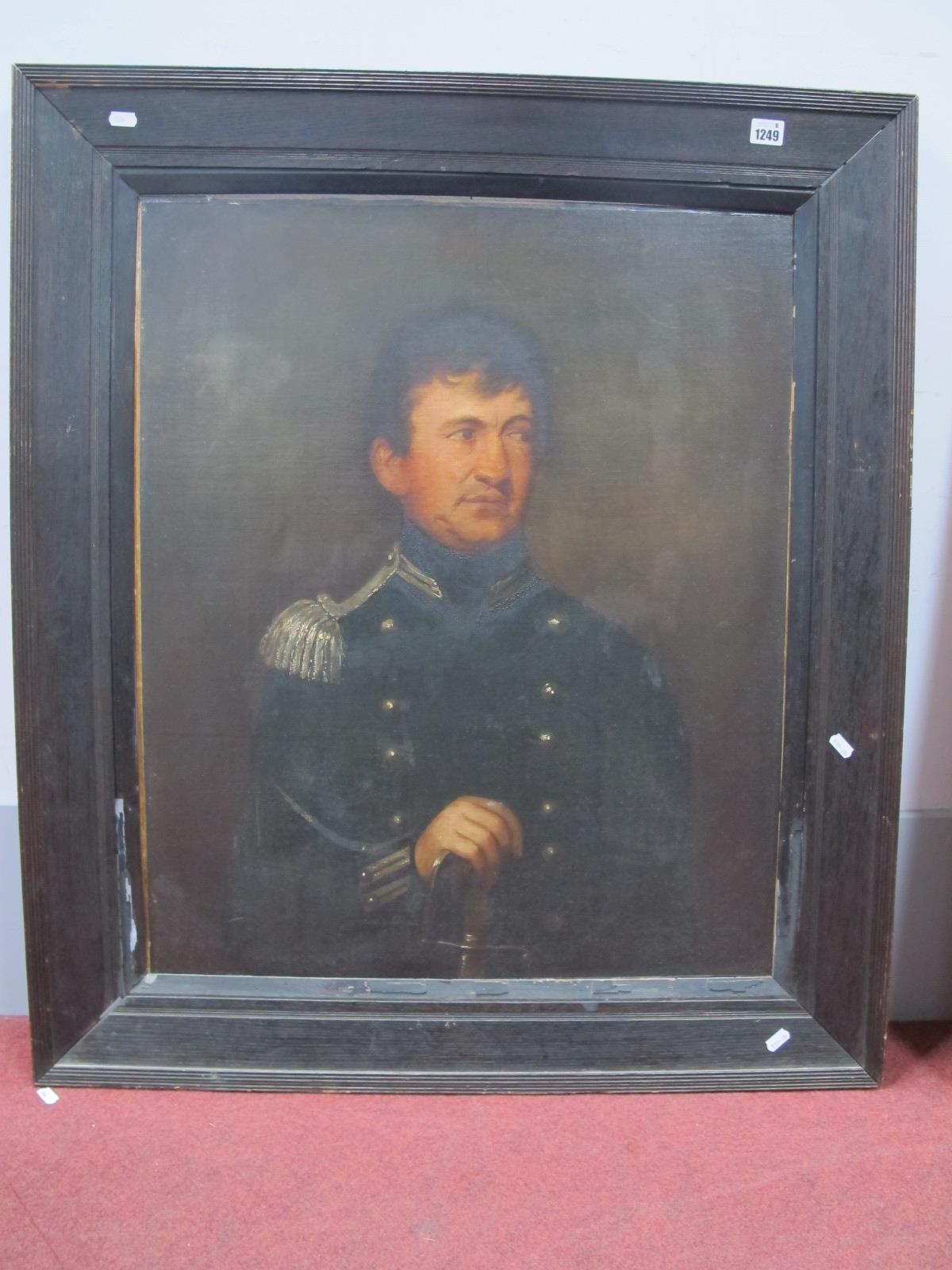 ENGLISH SCHOOL (Mid XIX Century) Portrait of a Soldier in Uniform, holding a sword, oil on canvas,