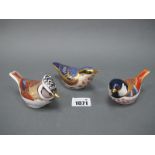 Three Royal Crown Derby Porcelain Bird Paperweights, Nuthatch - silver stopper, Coal Tit, gold