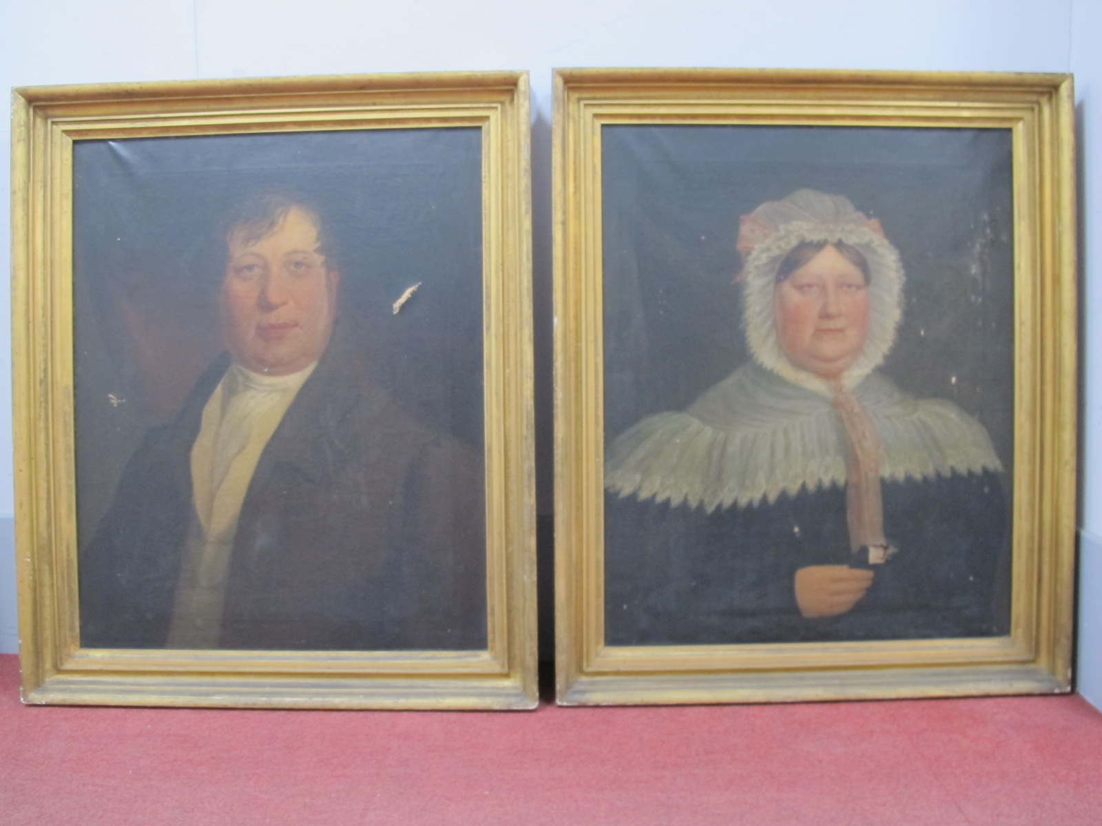 XIX CENTURY (English School) A Pair of Portraits of a Lady and Gentleman, she with lace bonnet and