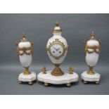 A Late XIX Century French Clock Garniture, the clock with white alabaster case with ormolu mounts,