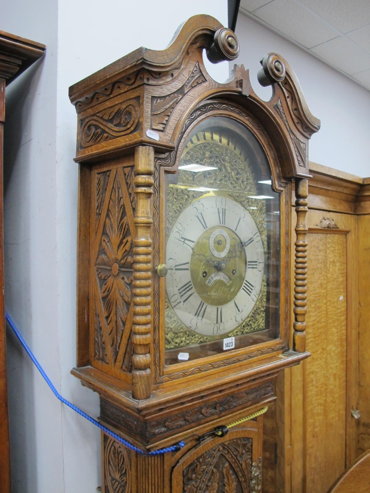 An XVIII Century and Later Carved Oak Eight-Day Longcase Clock, the hood with swan neck pediment and - Image 3 of 9