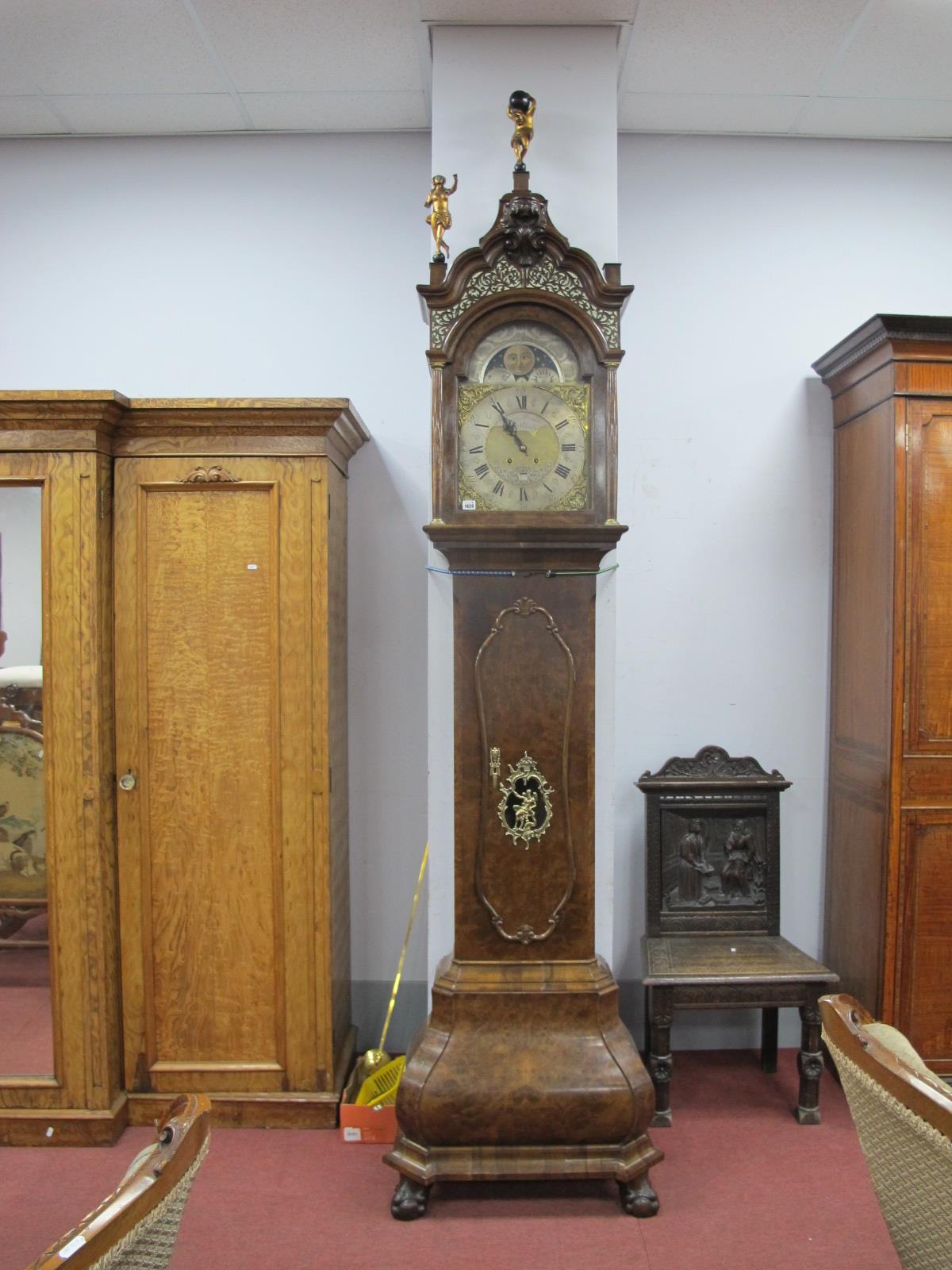 A XIX Century Paulus Bramer of Amsterdam Dutch Walnut Moonface Longcase Clock, the fretwork capped