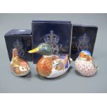 Three Royal Crown Derby Porcelain Paperweights, Mallard, Chaffinch and Wren, all gold stopper and