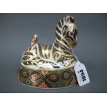 A Royal Crown Derby Porcelain Paperweight 'Zebra', gold stopper, date code for 1997, 13.5cm high,