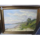 XX CENTURY CONTINENTAL SCHOOL Beach Scene, with buildings in the distance, oil on canvas, signed R.