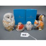 Four Royal Crown Derby Porcelain Paperweights, 'Winter Owl', 'Royal Robin', 'Autumn Squirrel' and '