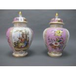 A Pair of Early XX Century German Porcelain Vases and Covers, of ovoid form decorated in alternating