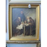 XX CENTURY Monks at a Table, eating and drinking, oil on canvas, unsigned, 43 x 35cm.