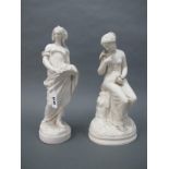 A Mid XIX Century Parian Figure of a Lady Holding a Basket of Fruit, on a rocky circular base,