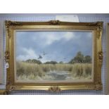 R. PARRY (XX Century) River Scene with Ducks and Marsh Harrier in Flight, oil on canvas, unsigned.