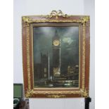 A Late XIX Century Picture Clock, depicting a moonlit scene of Big Ben with mother of pearl inset,