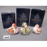 Three Royal Crown Derby Porcelain Paperweights, Derbyshire Duckling, Teal and Bakewell Duckling,