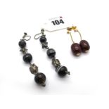 A Pair of Antique Banded Agate Bead Drop Earrings, on unpierced screw fittings; A Pair of Cherry