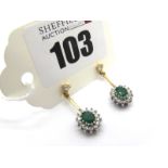 A Pair of 9ct Gold Emerald and Diamond Cluster Drop Earrings, each oval cluster claw set with single