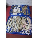 Assorted Gilt Metal Costume Jewellery, including imitation pearls, bead necklaces, etc :- Two Trays
