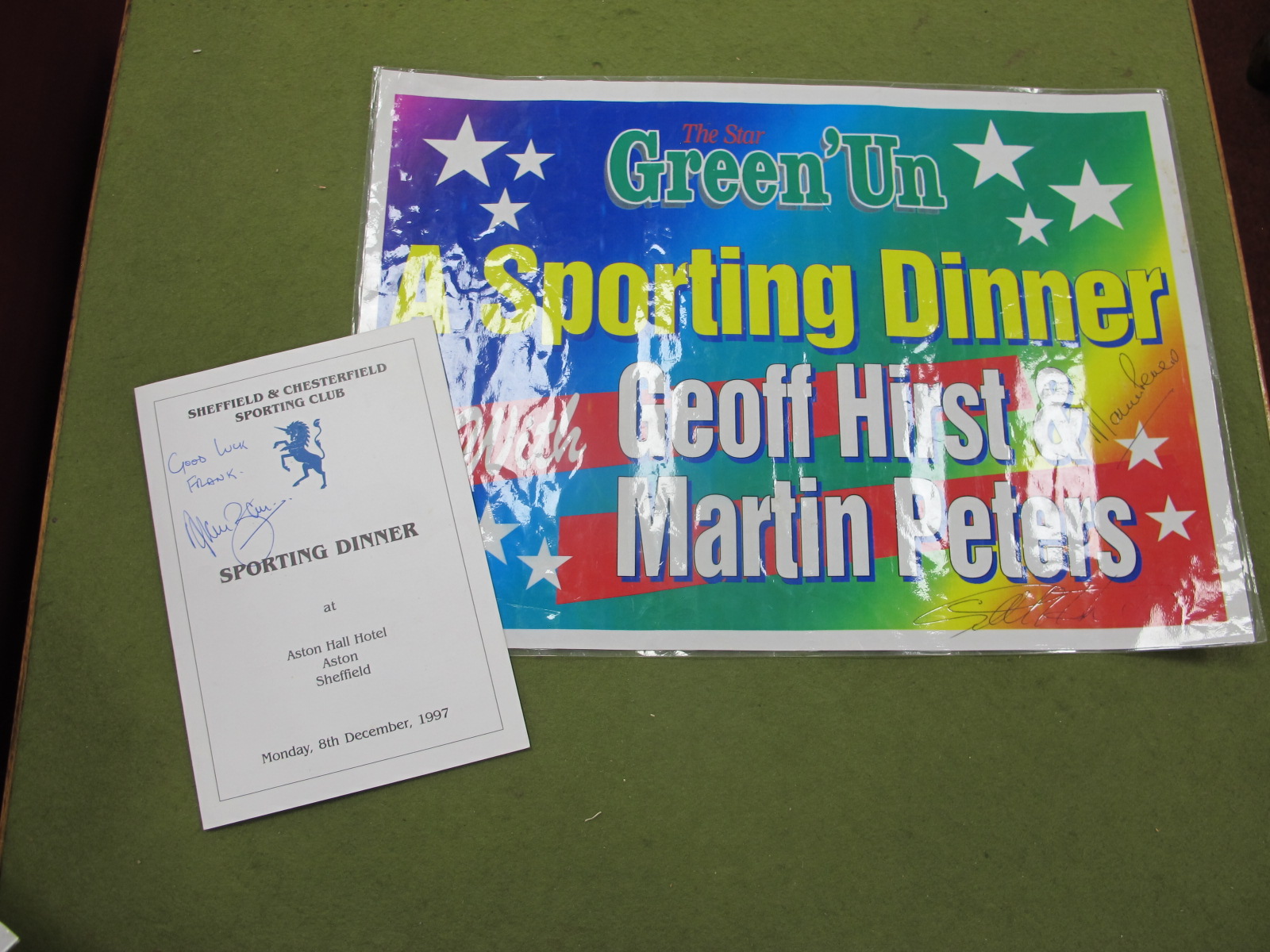 1966 World Cup Player Autographs - Geoff Hurst and Martin Peters, ink signed on a Green 'Un sporting