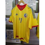 Romania Yellow Match Shirt by Adidas, bearing number '21' to front and back, size L, probable