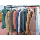 A Collection of Vintage and Fashion Ladies Coats and Jackets, including tan leather, green suede,