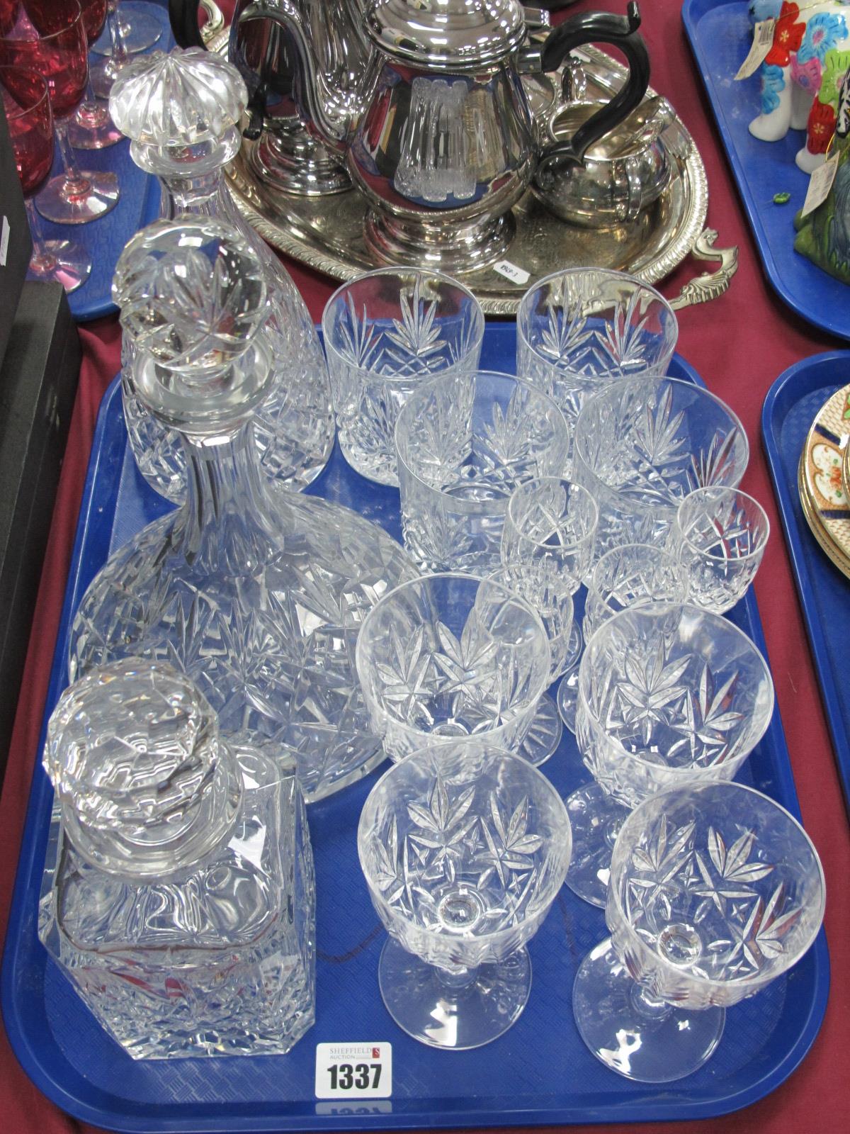 Whisky, Ships and Bell Shaped Decanters, twelve drinking glasses:- One Tray.