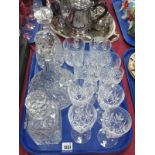 Whisky, Ships and Bell Shaped Decanters, twelve drinking glasses:- One Tray.