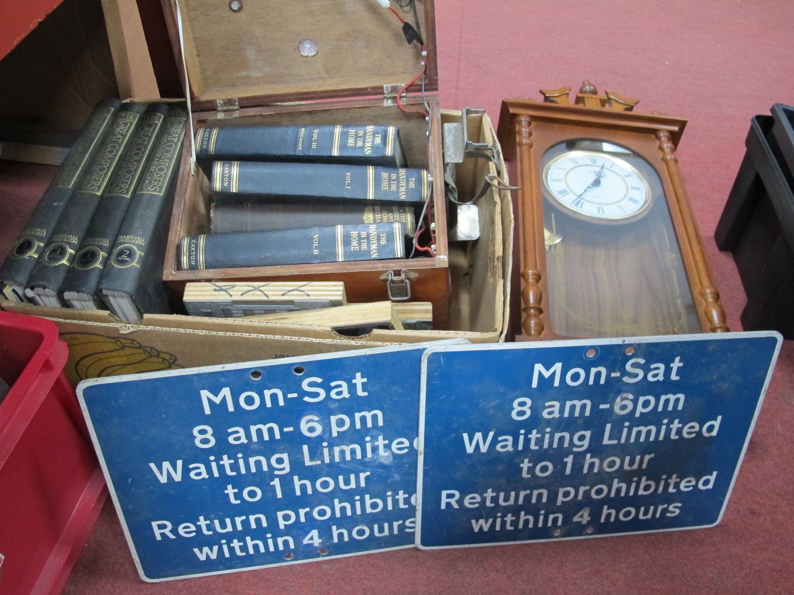 Printing Blocks, books, waiting restriction signs, etc:- One Box, Acctim wall clock.