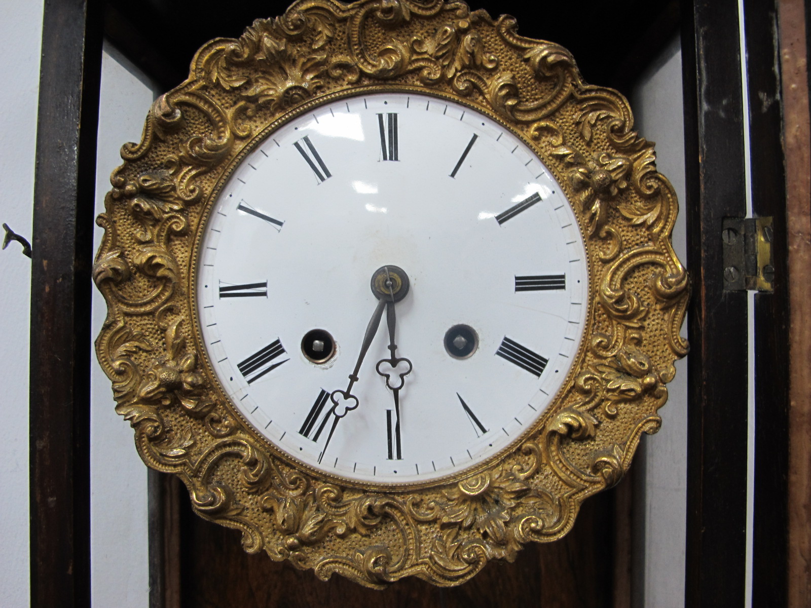 Viennese Wall Clock, slender with allover carving, eight day movement, black Roman numerals, white - Image 2 of 10