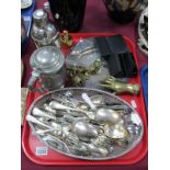 Silver Medallion and Three Pieces of Cutlery, plated cutlery, brass hand paperweight, cuff links,