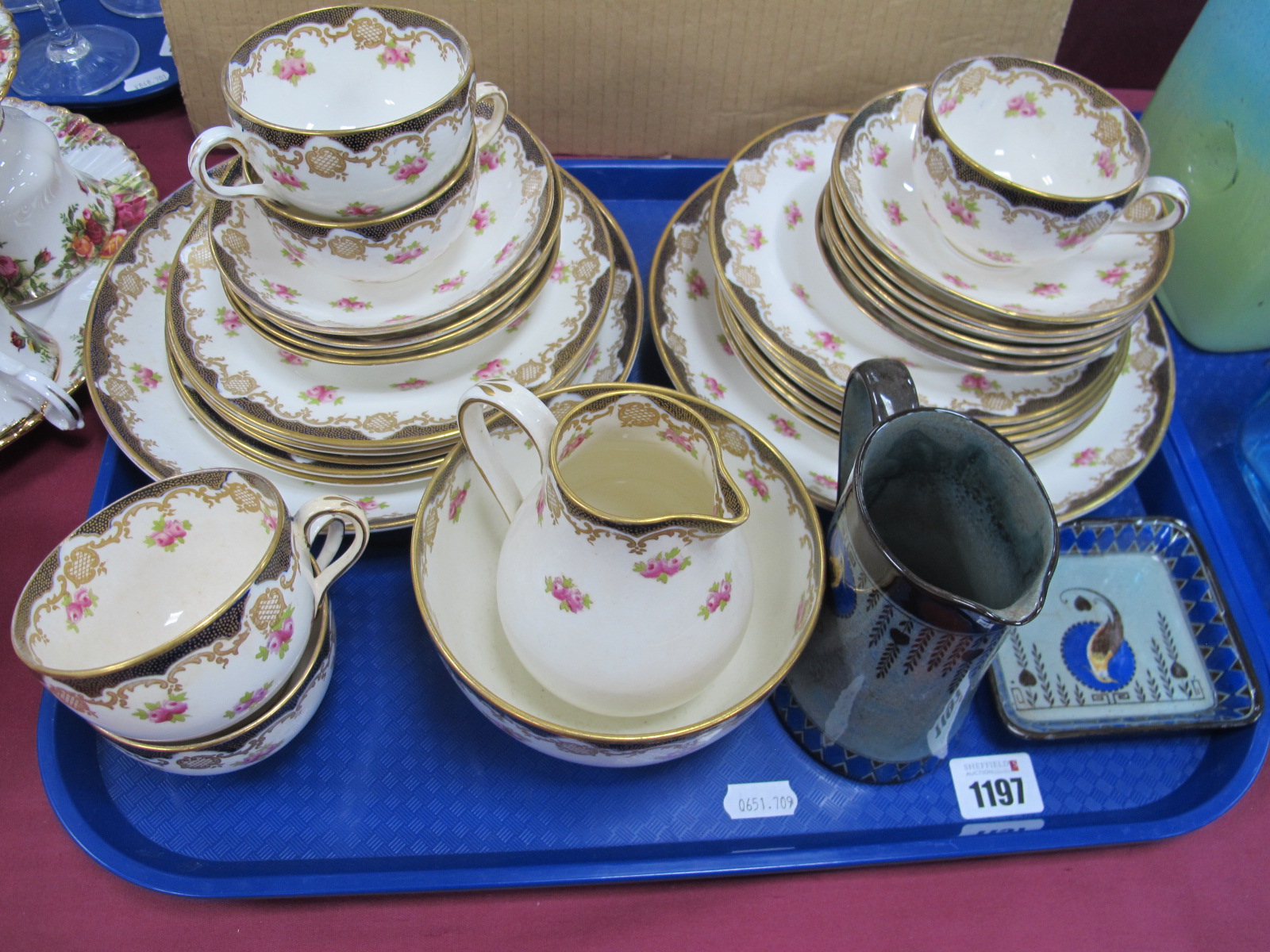 Staffordshire Rose Pattern Tea Ware, of thirty pieces. Doulton 'Titanian' jug and pin tray:- One