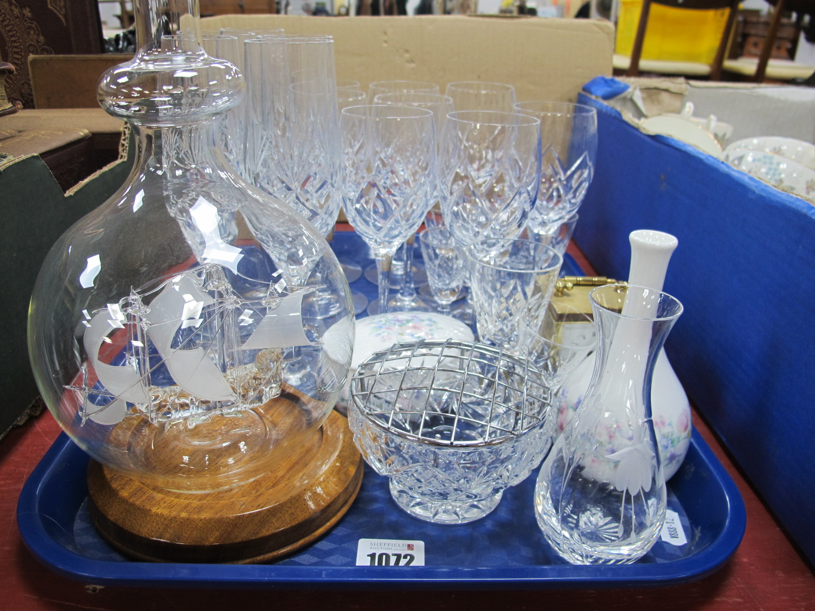 A Ship in a Bottle (H.M.S Victory), Champagne Flutes, carriage clock etc:- One Tray.