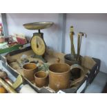 Copper and Brass Cider Measures, Spongs bean slicer, Salter scale, etc:- One Box.