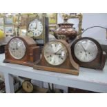 Three Oak Cased Mantle Clocks, each with eight day movement (one Smiths Enfield). (3).