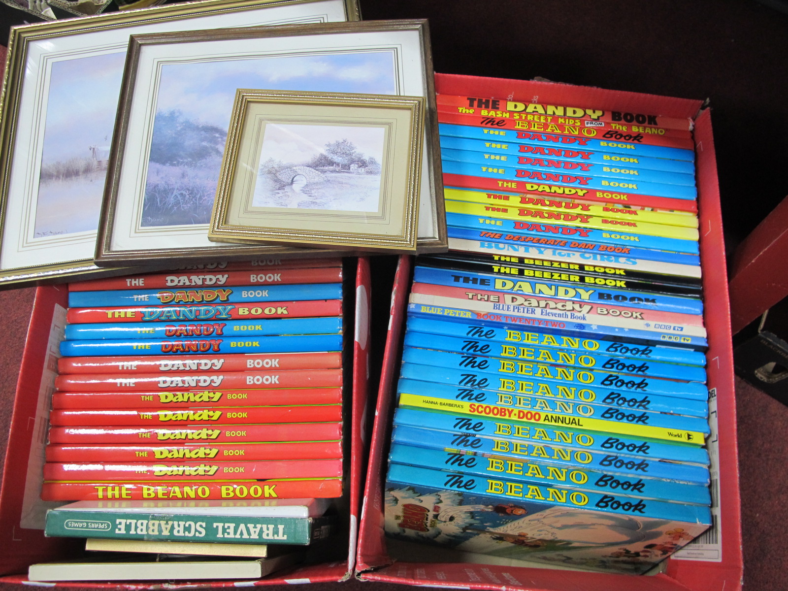 Children's Annuals, including Beano, Dandy. Scrabble, prints, etc:- Two Boxes.