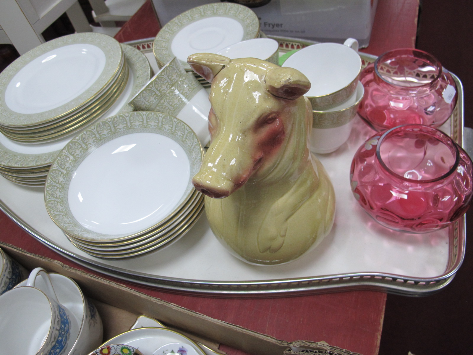 Royal Doulton 'Sonnet' Tea-Dinner Service, pottery pig, jug, two cranberry glass bowls decorated