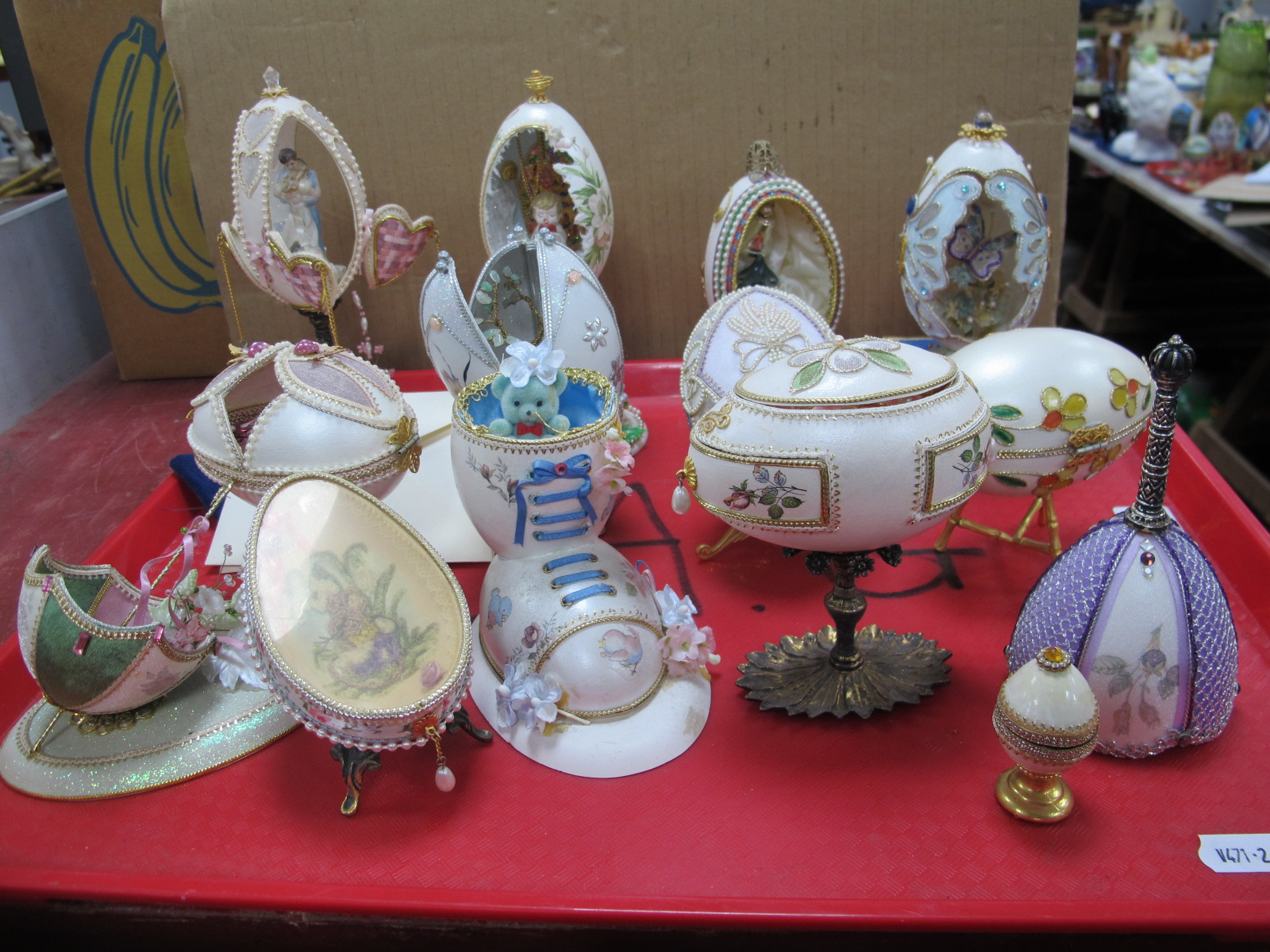 Kit Built Fabergé Style Eggs, in the form of a musical box, etc:- One Tray.