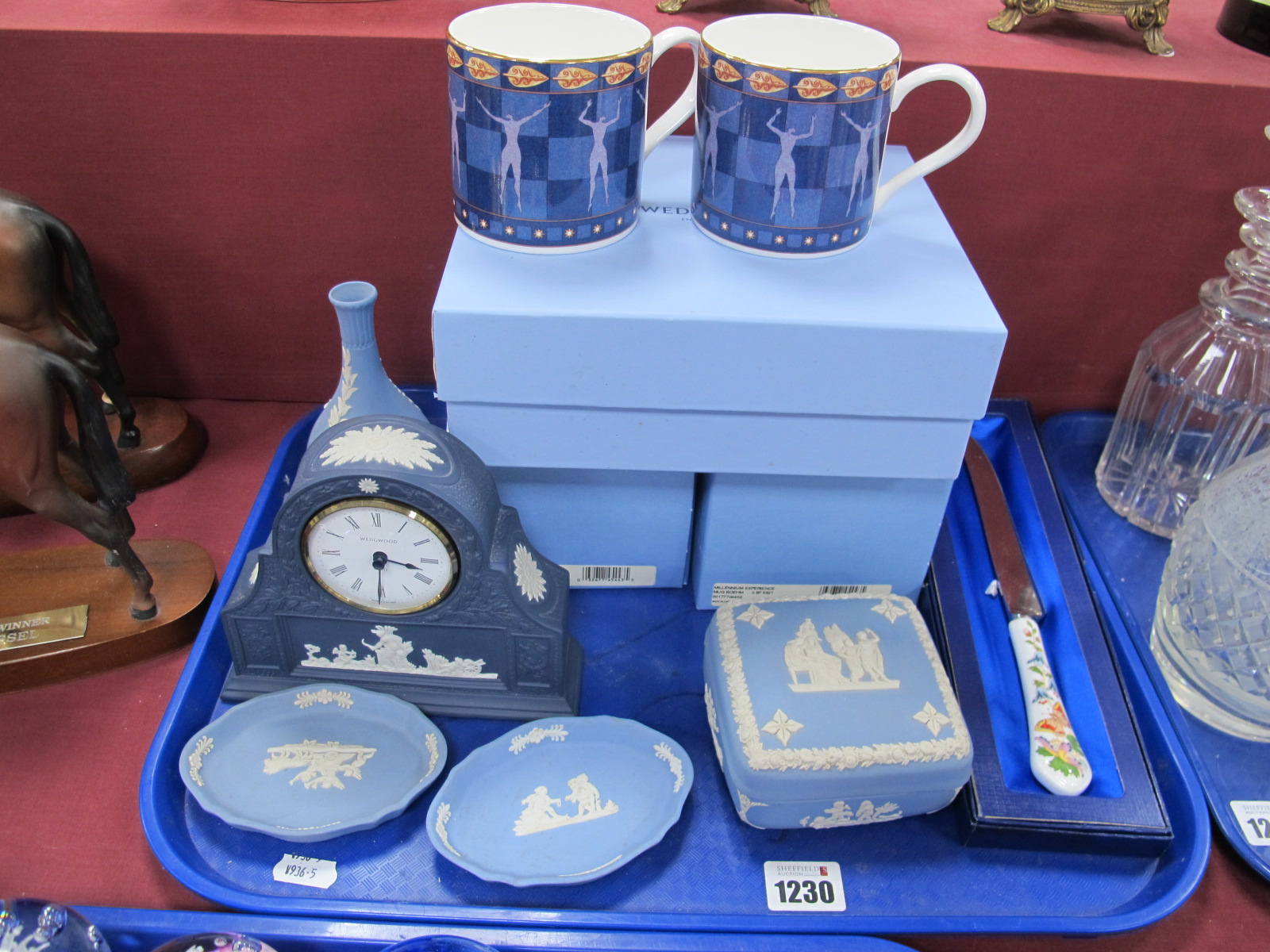 Wedgwood Jasper Ware Mantle Clock, vase, trinket box, Wedgwood Millennium mugs, etc:- One Tray.