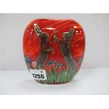 An Anita Harris 'Boxing Hares' Purse Vase, gold signed, 12cm high.