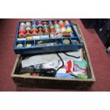 Cottons, Thimbles, Tapes, other needlework items in reptile skin effect case.