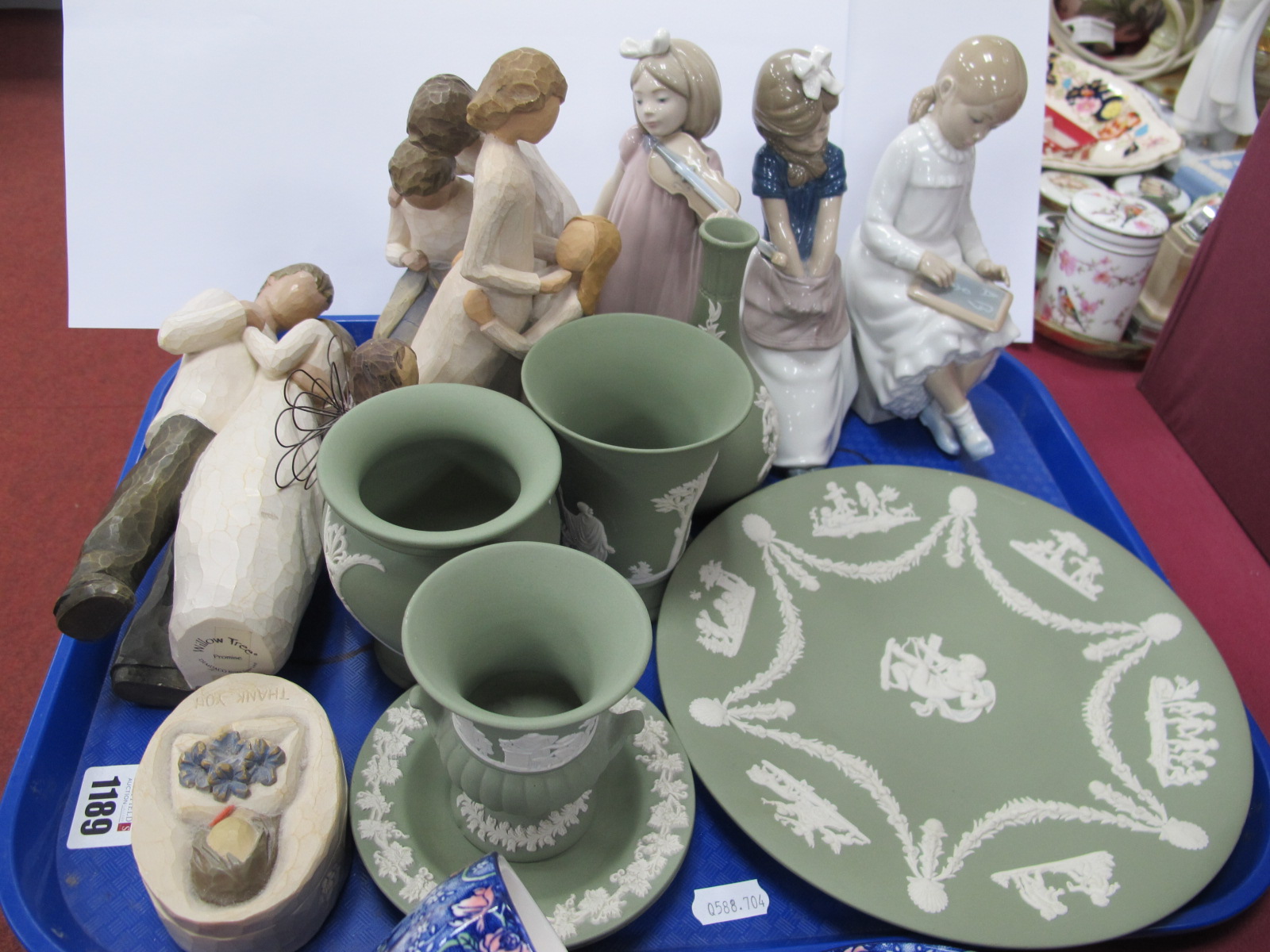 Three Nao Figurines, five Willow Tree items, Wedgwood Green Jasperware of seven pieces.