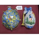 Continental Faience Pottery Water flask, with floral decoration on blue ground, five hoops to