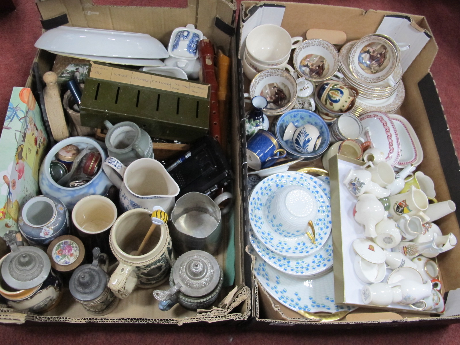 Steins, Antoria and Musina Recorders, Limoges and other potter, crested china, etc:- Two Boxes