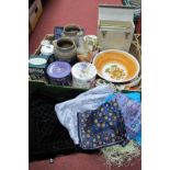 Doulton Silicon Vases, (chips), Pampered Chef oil bottle, scarves, ceramics, etc:- One Box.