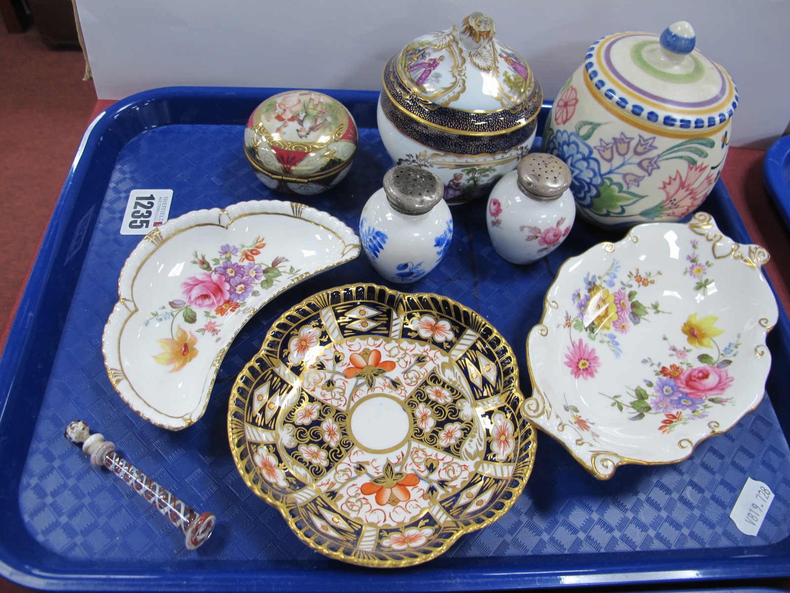 Crown Derby Pin Trays, Poole jam pot, Continental lidded pot, etc:- On Tray