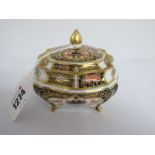 A Royal Crown Derby Porcelain Trinket Bowl and Cover, of shaped square footed form, decorated in