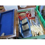 Table Knives, oak canteen case, silver backed brush, plated hot water jug, etc.