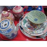 Oriental; Two Teapots, Ginger Jar, conical bowl, Satsuma bowl, three plates:- One Tray
