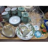 Denby Ware Part Tea Service, paperweights, glass basket, Spode Christmas plates, plated dish:- One